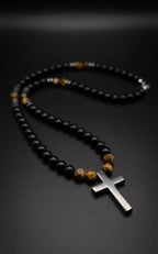 8mm Black Onyx Cross Necklace Men’s Beaded Tiger Eye Clasp Chain Gift