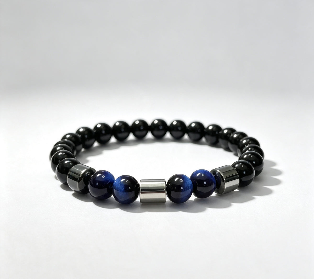Luxury Black Onyx & Blue Tiger Eye Beaded Bracelet – 19cm – 8mm Natural Stone Bracelet – Handmade – Any Size Available