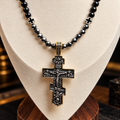 Men's Orthodox Cross Necklace – Natural Black Onyx & Hematite | Stainless Steel Crucifix | 26 Inch