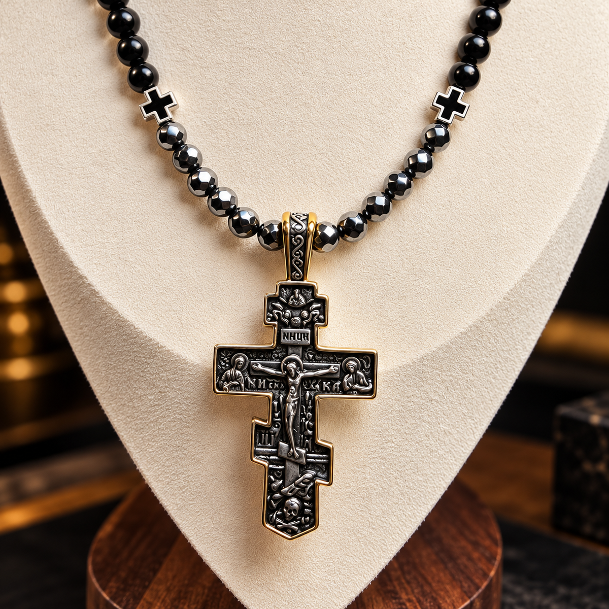Men's Orthodox Cross Necklace – Natural Black Onyx & Hematite | Stainless Steel Crucifix | 26 Inch