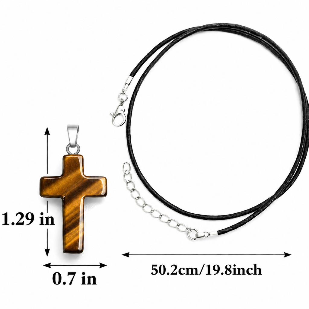Tiger Eye Cross Pendant Necklace – Black Cord – 50.2 cm