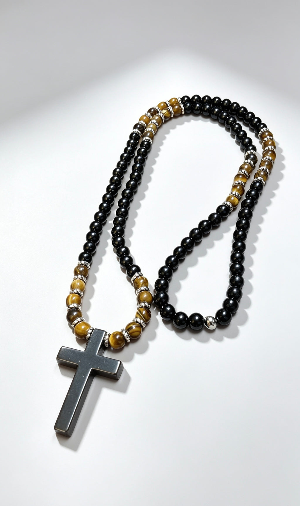 Black Onyx & Tiger Eye Cross Necklace for Men | Slip On Beaded Necklace | Natural Stone Christian Necklace | Masculine Jewelry