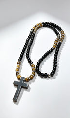 Black Onyx & Tiger Eye Cross Necklace for Men | Slip On Beaded Necklace | Natural Stone Christian Necklace | Masculine Jewelry