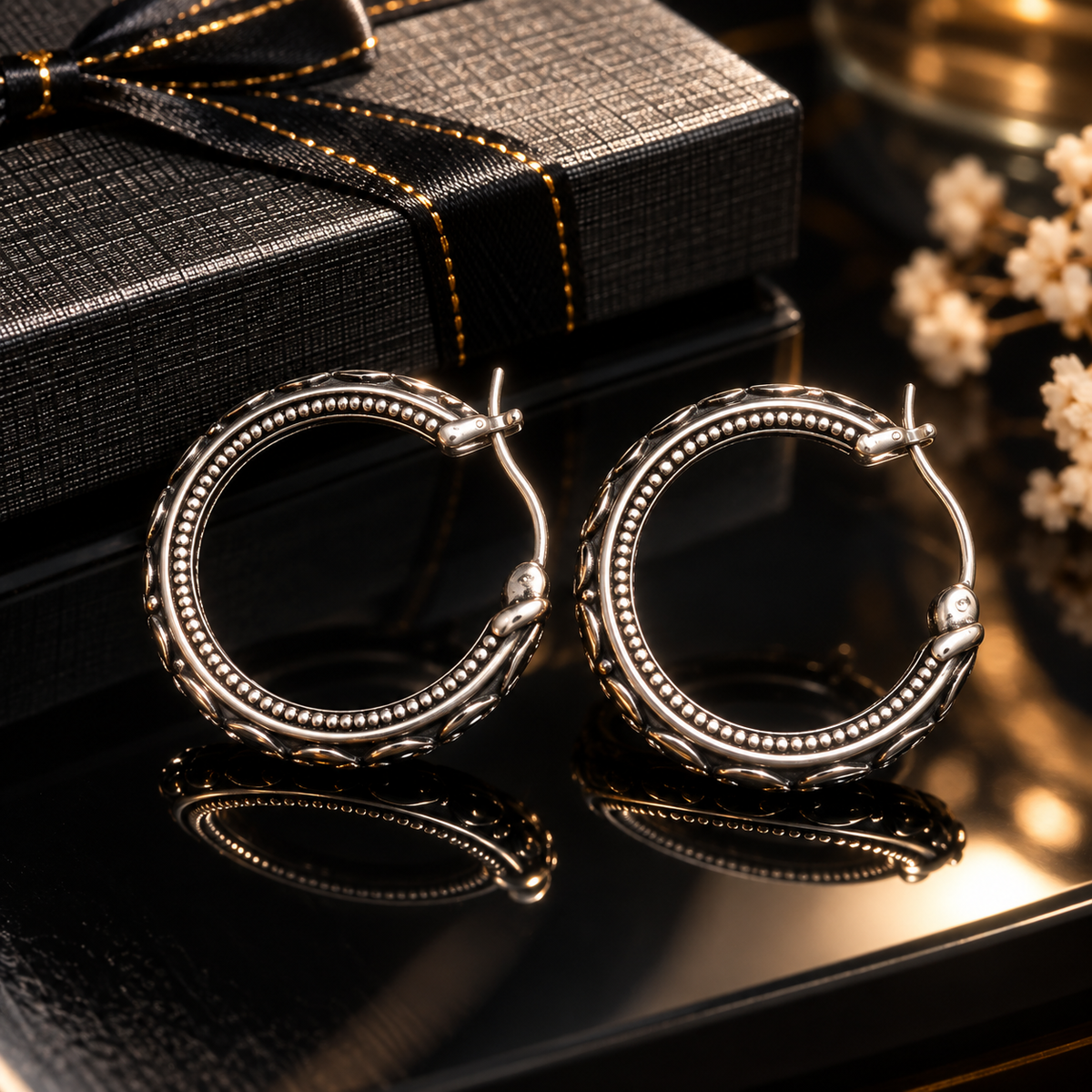 925 Sterling Silver Ornate Hoop Earrings for Women – 30mm