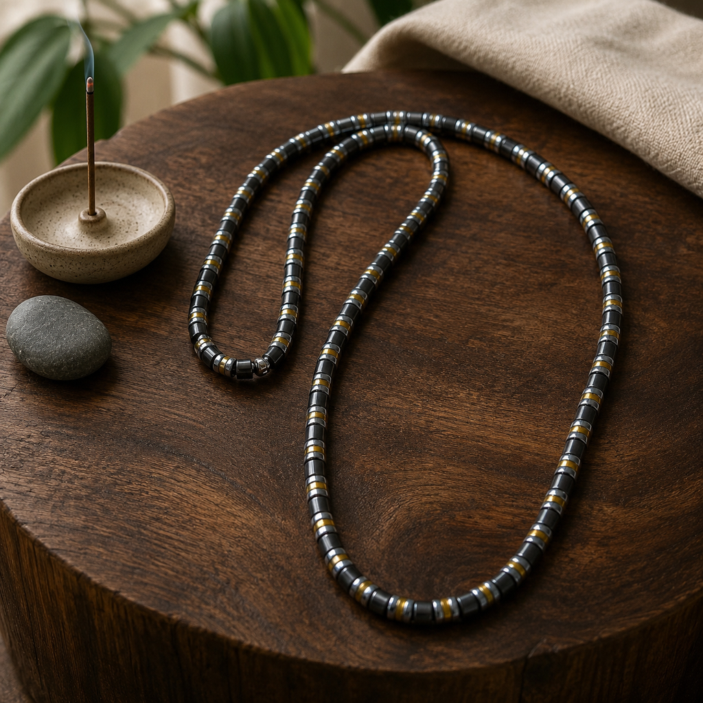 Luxury Black & Gold Hematite Beaded Necklace – 26 Inches (66 cm) – 6 mm Beads – Slip-On – Handmade – Any Size Available