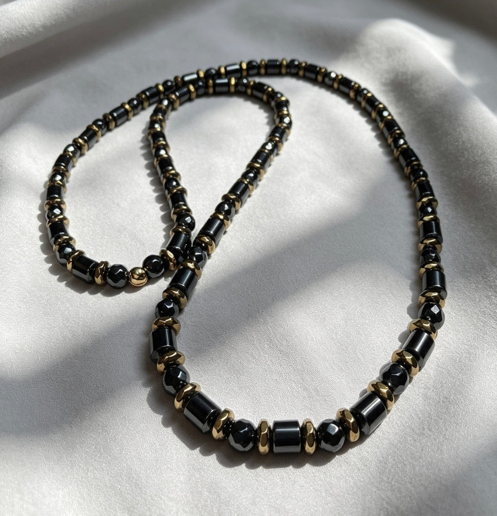 Luxury Men’s Hematite Necklace Black & Gold Beaded Necklace 26 Inch Statement Jewellery – Handmade Gift for Him