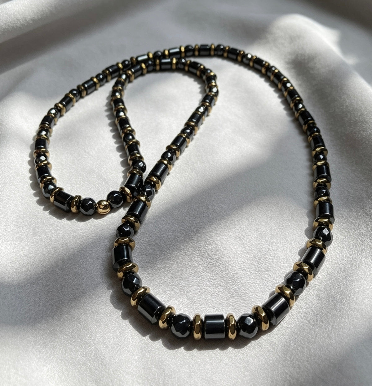 Luxury Men’s Hematite Necklace Black & Gold Beaded Necklace 26 Inch Statement Jewellery – Handmade Gift for Him
