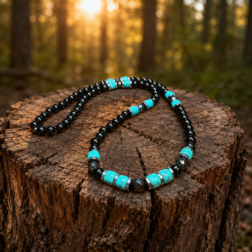 Men’s Onyx & Turquoise Beaded Necklace – 26” (66 cm) | 8 mm Handmade Necklace