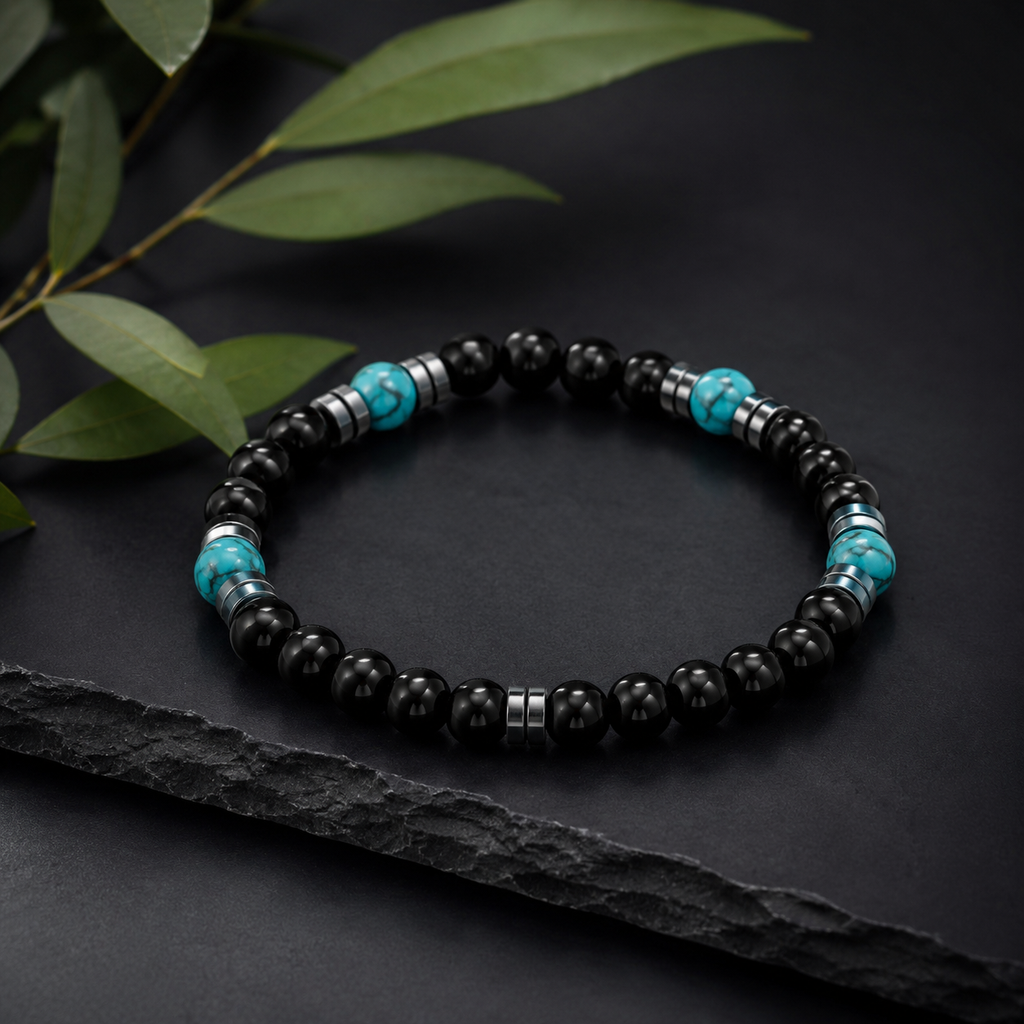 Black Onyx & Turquoise Men’s Bracelet 19cm – Natural Stone Beaded Bracelet – Any Size Available ✨