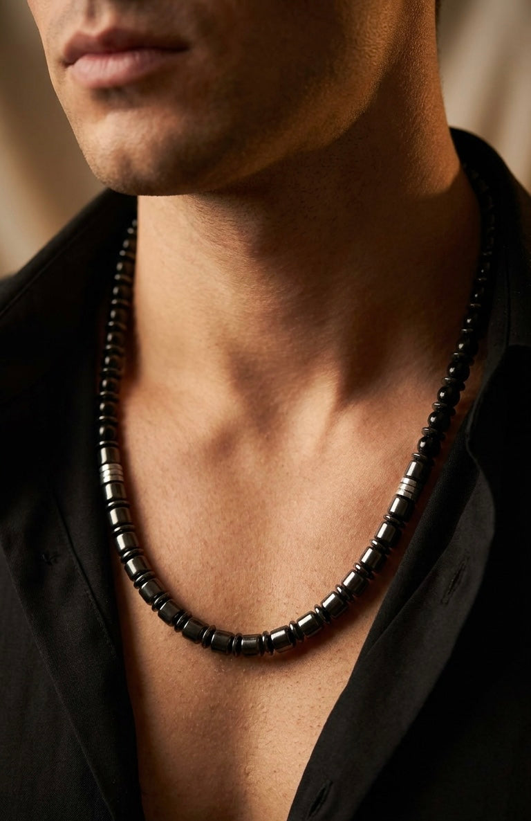 Black Onyx & Hematite Necklace 60cm – Men’s Luxury Beaded Chain, Minimalist Statement Jewelry, Gift for Him
