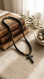 8mm Black Onyx Cross Necklace Men’s Beaded Tiger Eye Clasp Chain Gift