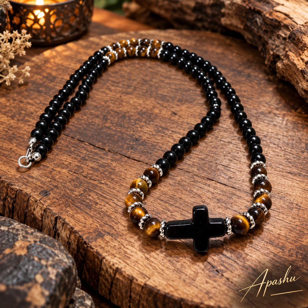 Men’s Black Onyx & Tiger Eye Cross Necklace – 22 Inch – 6mm Natural Stone Beads