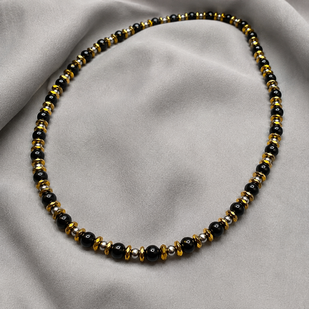 Men’s Black Onyx & Hematite Necklace – 6mm & 4mm Beads – 26 Inch Slip-On – Custom Length