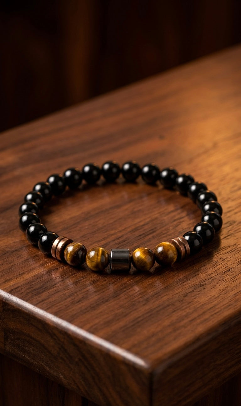 Luxury Black Onyx & Tiger Eye Men’s Bracelet – Handmade Beaded Jewellery