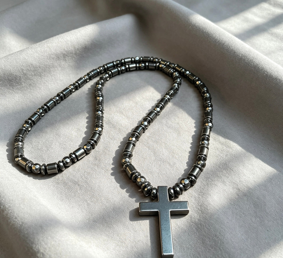 Black Hematite Cross Necklace – 26” Slip-On | 6 mm Natural Hematite Beads