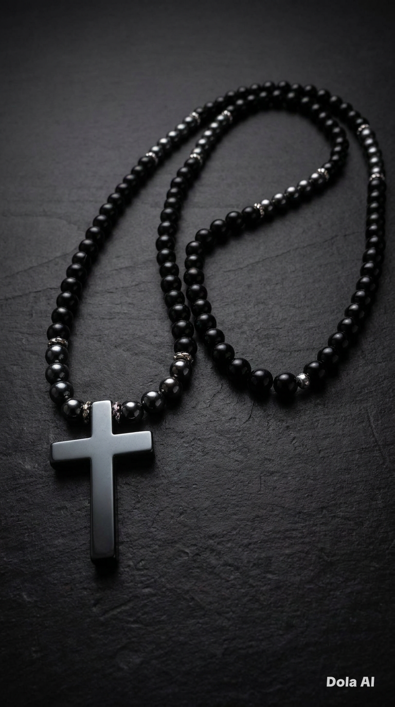Black Cross Necklace – 26 inch/– 6mm Natural Stone Beads – Stainless Steel Clasp