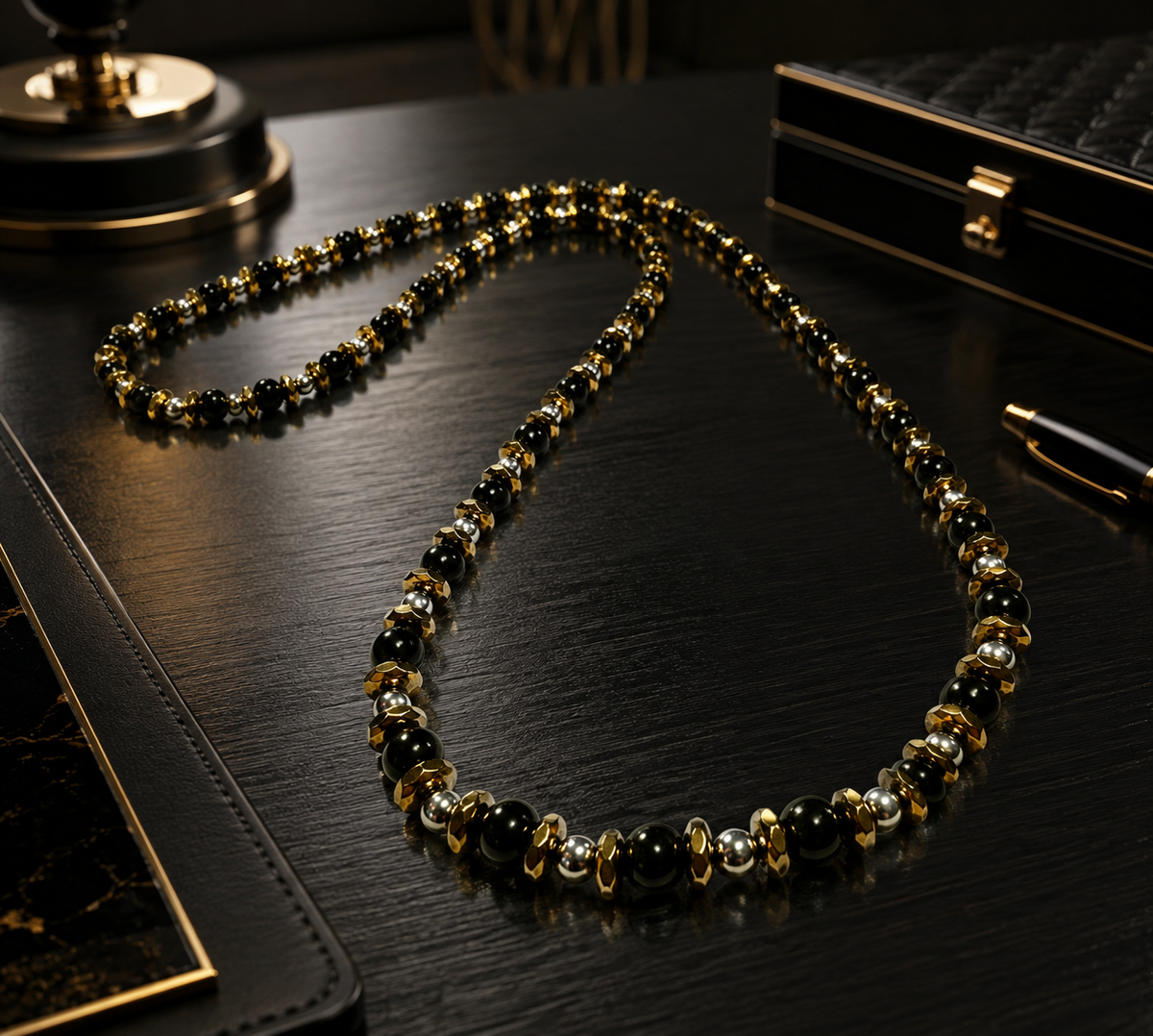 Men’s Black Onyx & Hematite Necklace – 6mm & 4mm Beads – 26 Inch Slip-On – Custom Length