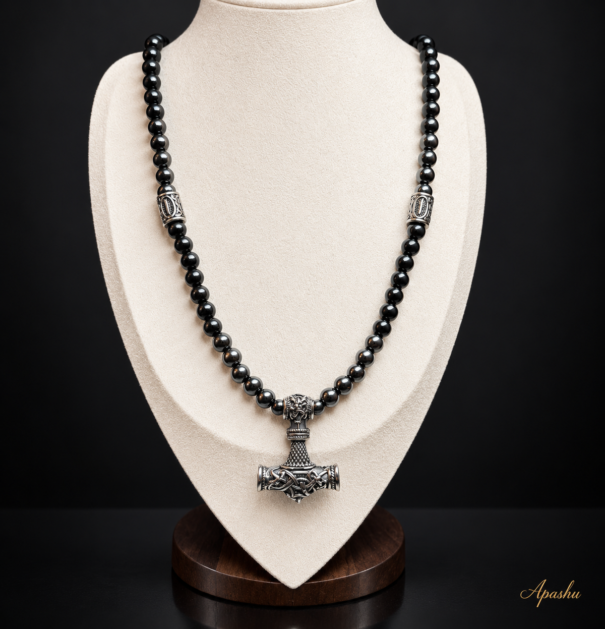 Thor Hammer Necklace – Onyx, Hematite & Stainless Steel, 26 Inch, 8mm Beads