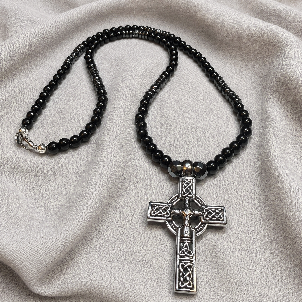 Men’s Black Onyx & Hematite Celtic Cross Necklace – 6mm Natural Stone Beads – Stainless Steel Cross – Handmade – Custom Size