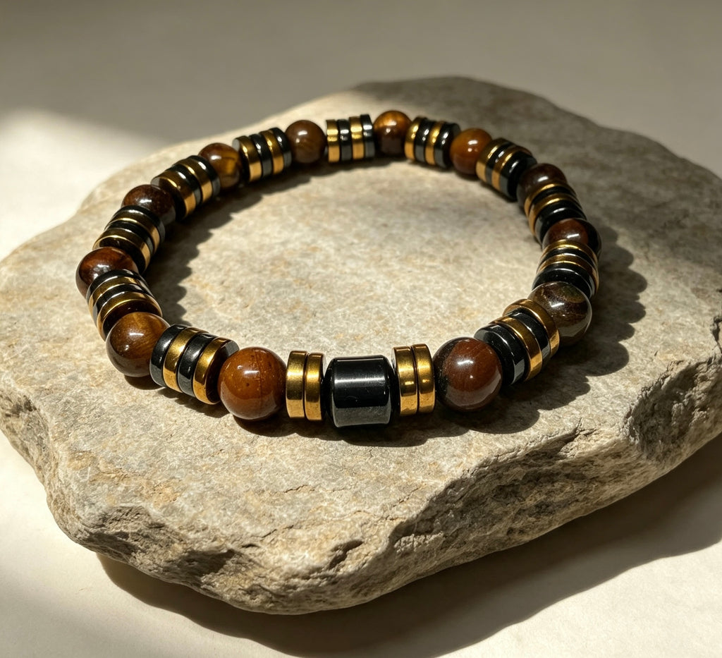 Luxury Tiger Eye & Hematite Men’s Bracelet – Gold & Gunmetal Statement Design
