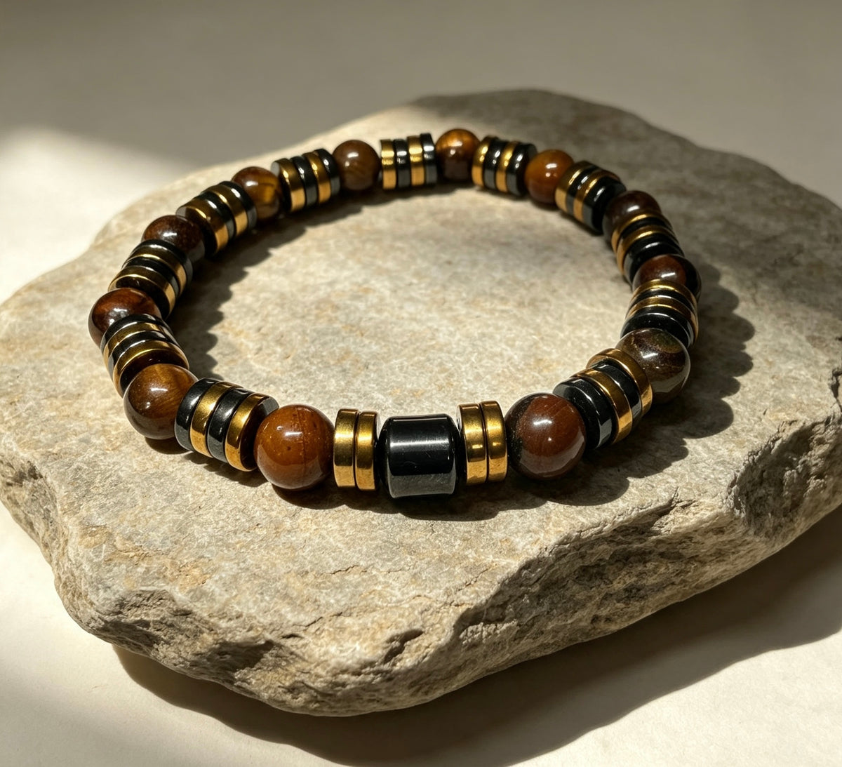 Luxury Tiger Eye & Hematite Men’s Bracelet – Gold & Gunmetal Statement Design