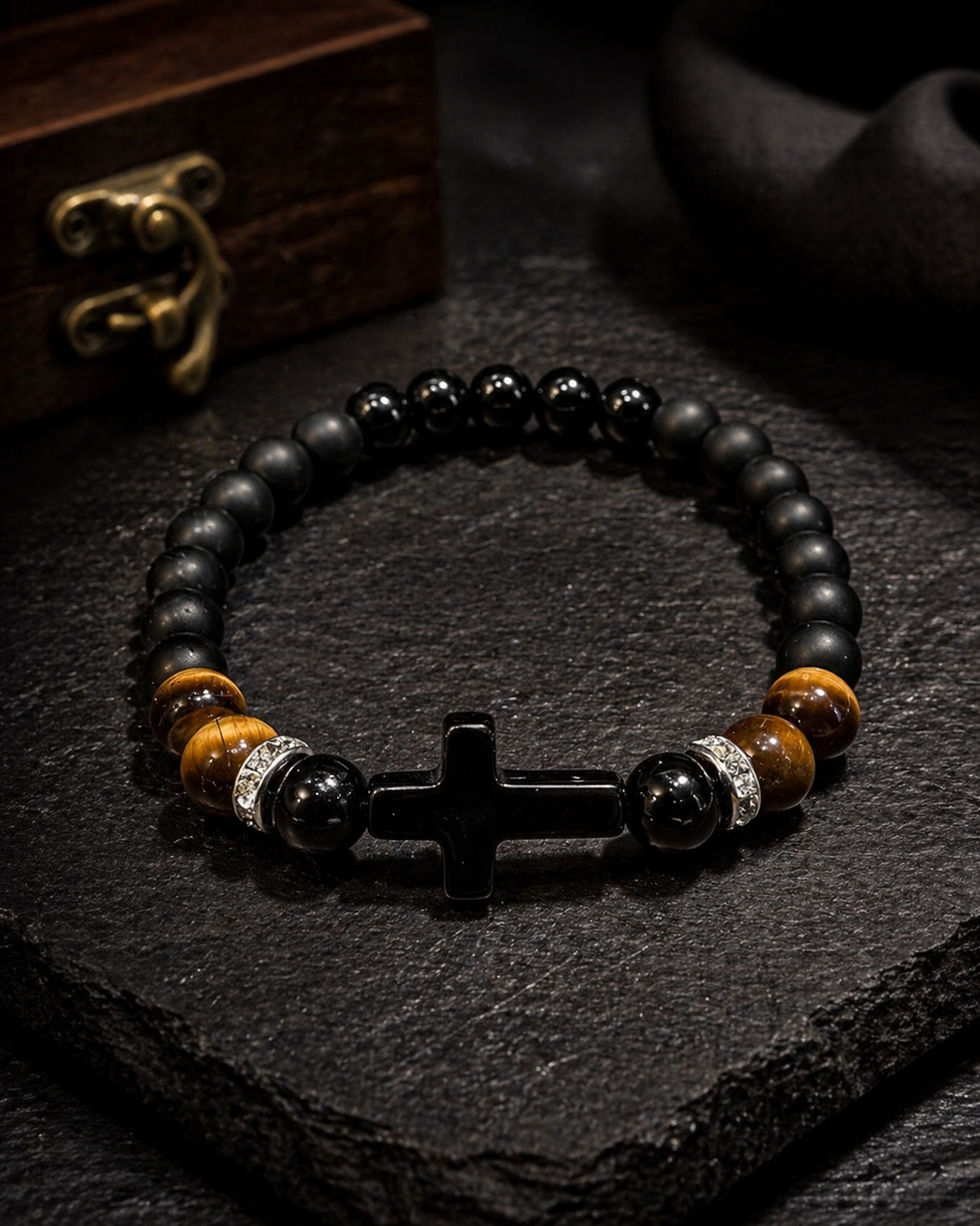 Black Onyx & Tiger Eye Cross Bracelet – Any Size – 19 cm Default – Men Women Gift