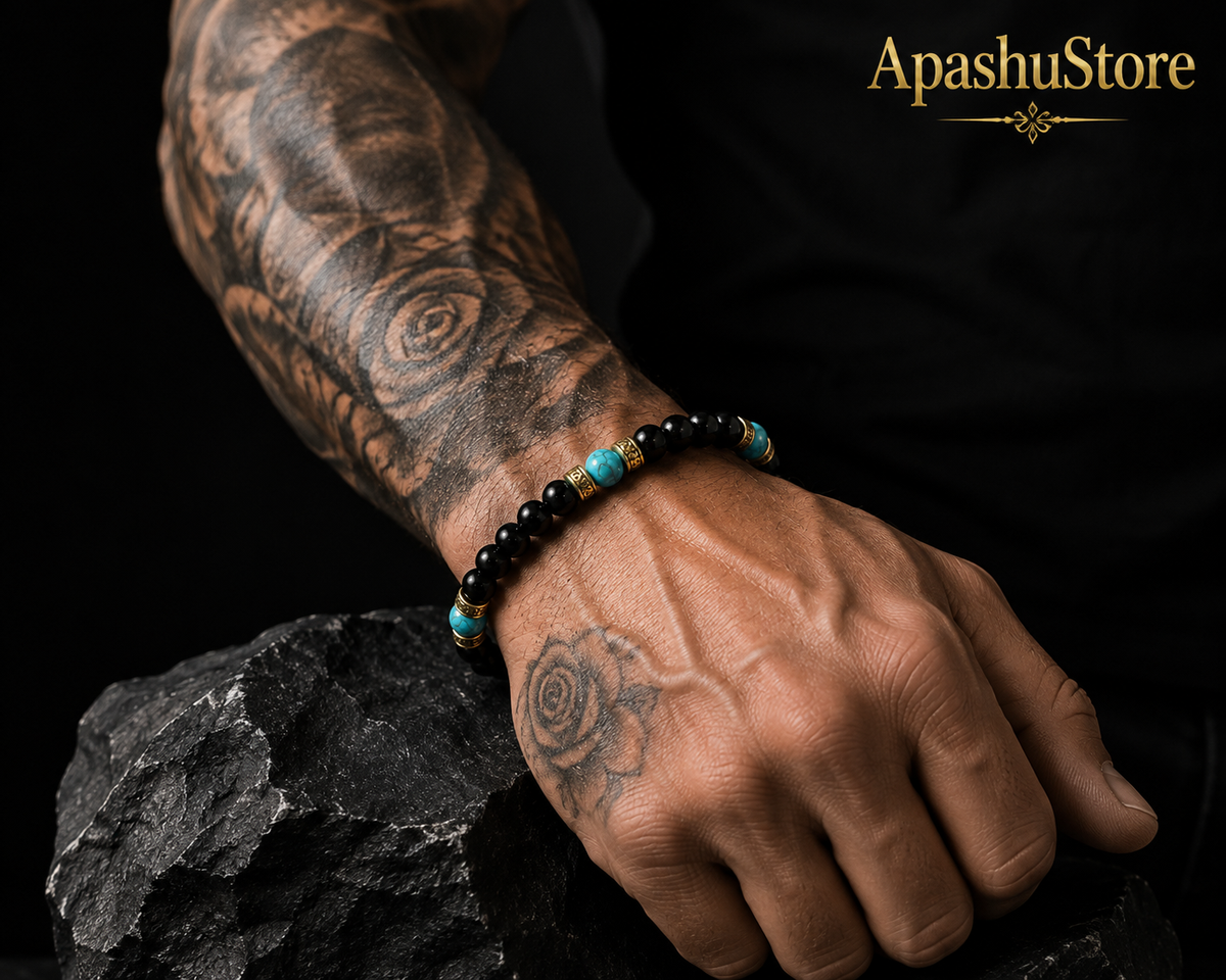 Handmade Black Onyx & Turquoise Bracelet, 8mm Gemstone Beaded Bracelet, Unisex Jewelry, Stretch Bracelet, Custom Size Gift for Men & Women