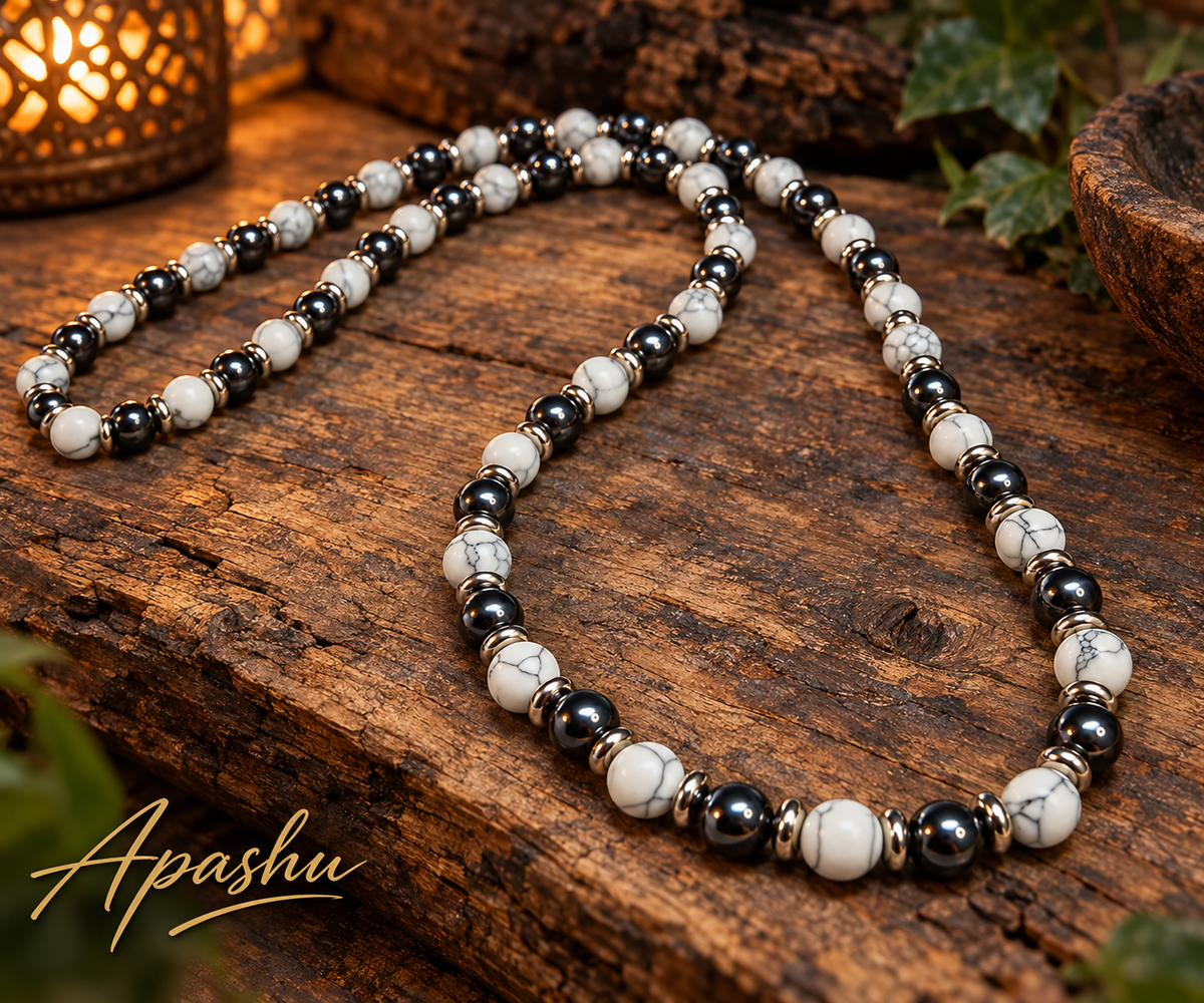 Men’s Howlite & Hematite Beaded Necklace – 8mm Natural Stone – 26 Inch