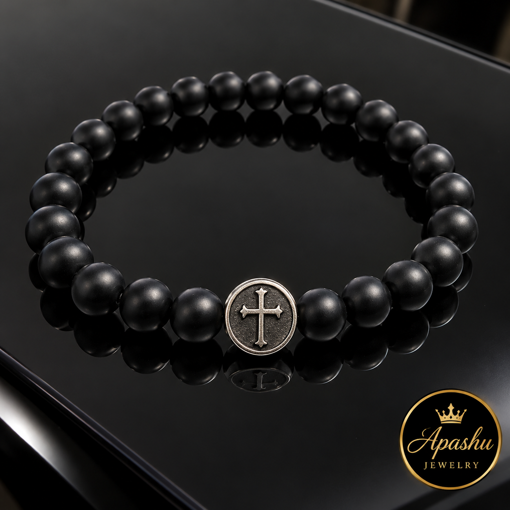 Men’s Matte Black Onyx Cross Bracelet – 8mm Natural Stone Beads