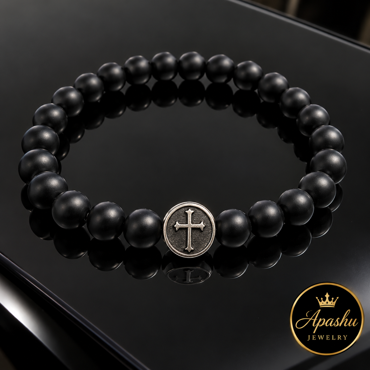 Men’s Matte Black Onyx Cross Bracelet – 8mm Natural Stone Beads