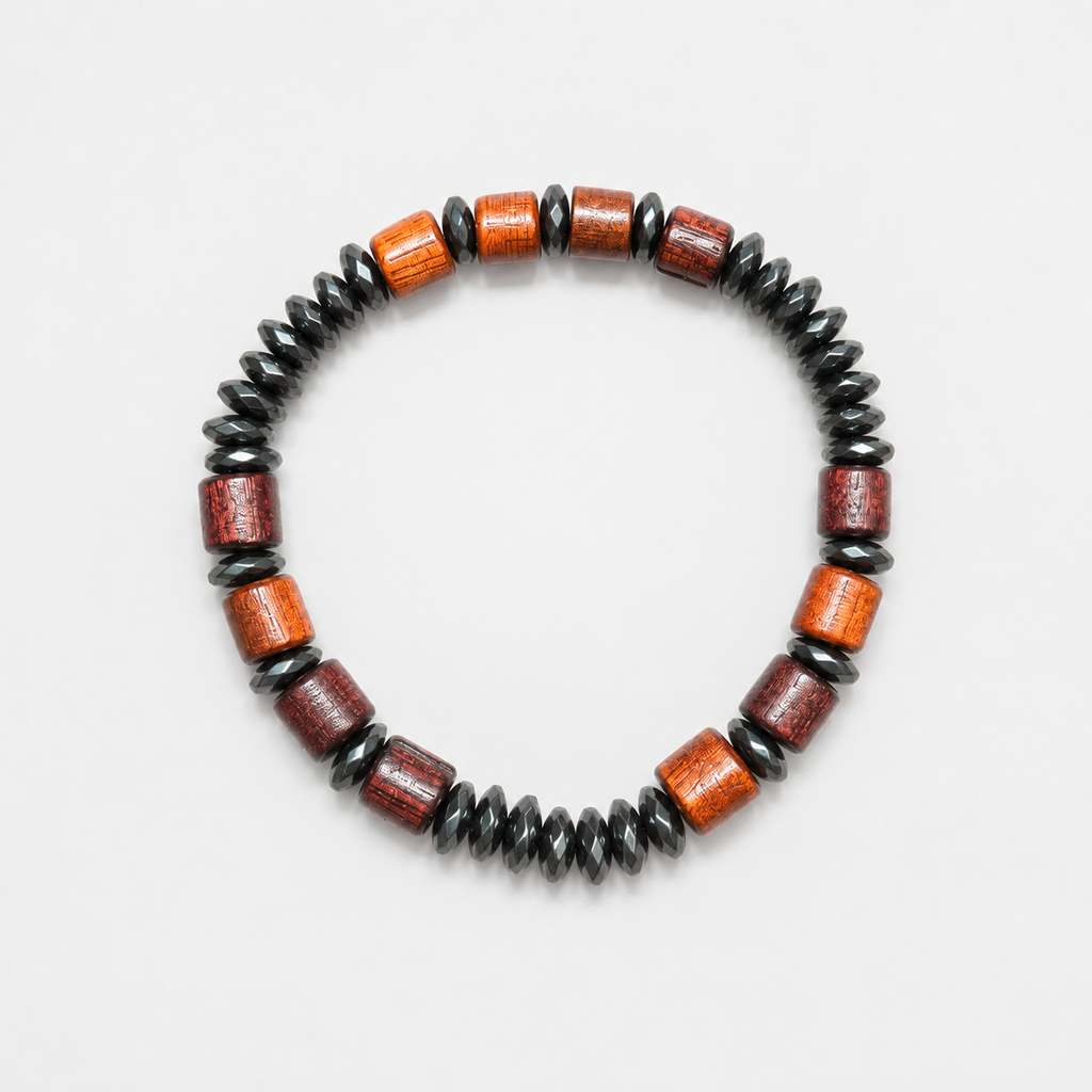 Handmade Wooden & Hematite Bracelet | 8 mm Beads | 19 cm Stretch Bracelet | Custom Size Available | Men’s & Women’s Bracelet