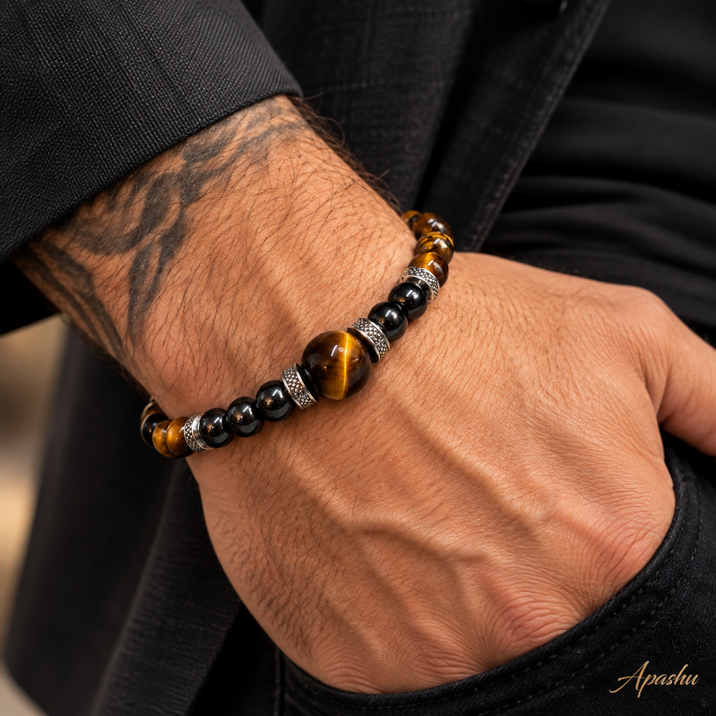 Unisex Tiger Eye & Hematite Bracelet – 12mm Centre Bead | Handmade Natural Stone Jewellery