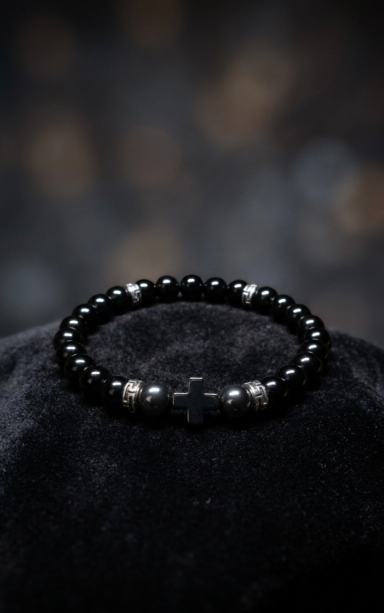 Luxury Onyx & Hematite Cross Bracelet
