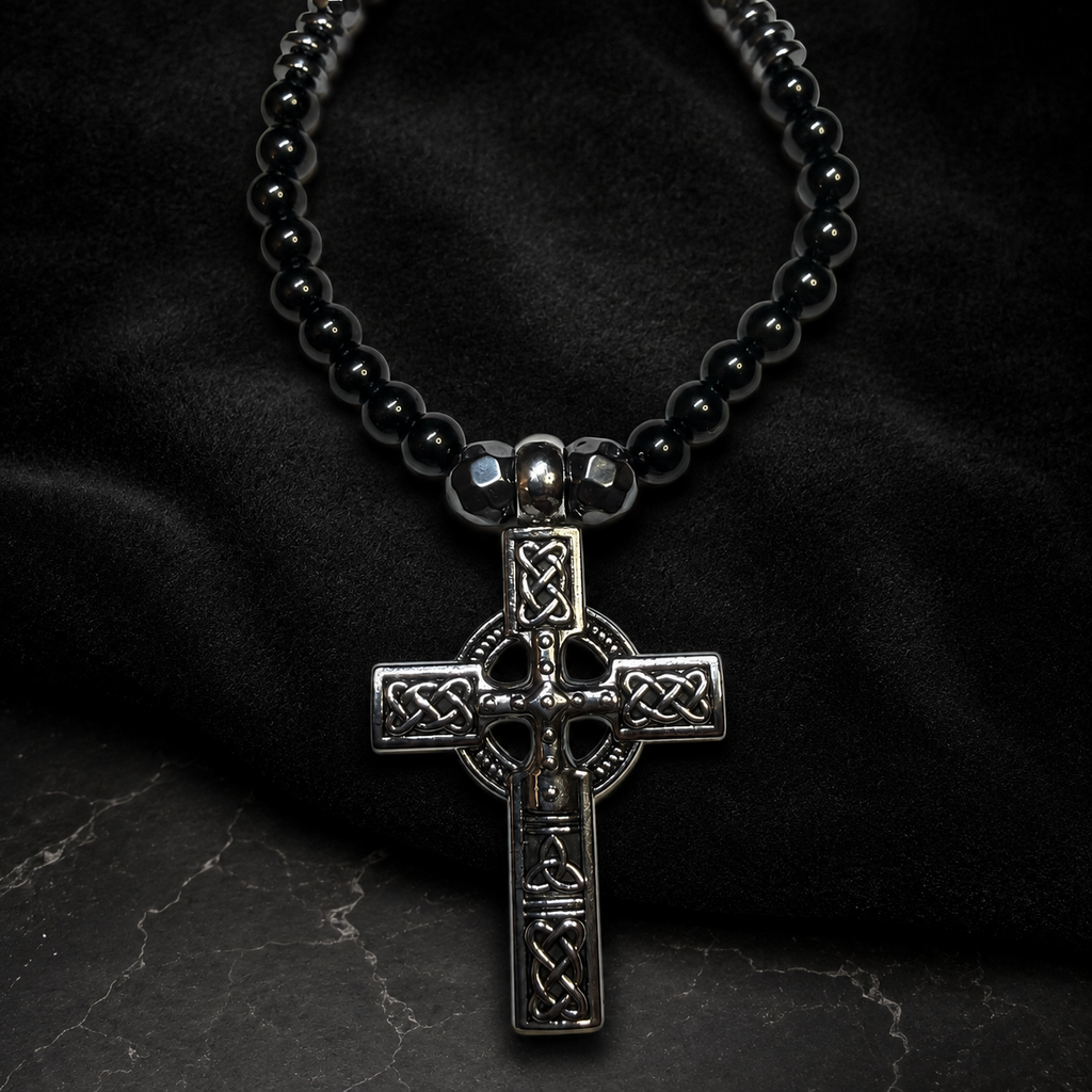 Men’s Black Onyx & Hematite Celtic Cross Necklace – 6mm Natural Stone Beads – Stainless Steel Cross – Handmade – Custom Size