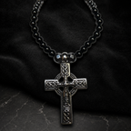 Men’s Black Onyx & Hematite Celtic Cross Necklace – 6mm Natural Stone Beads – Stainless Steel Cross – Handmade – Custom Size