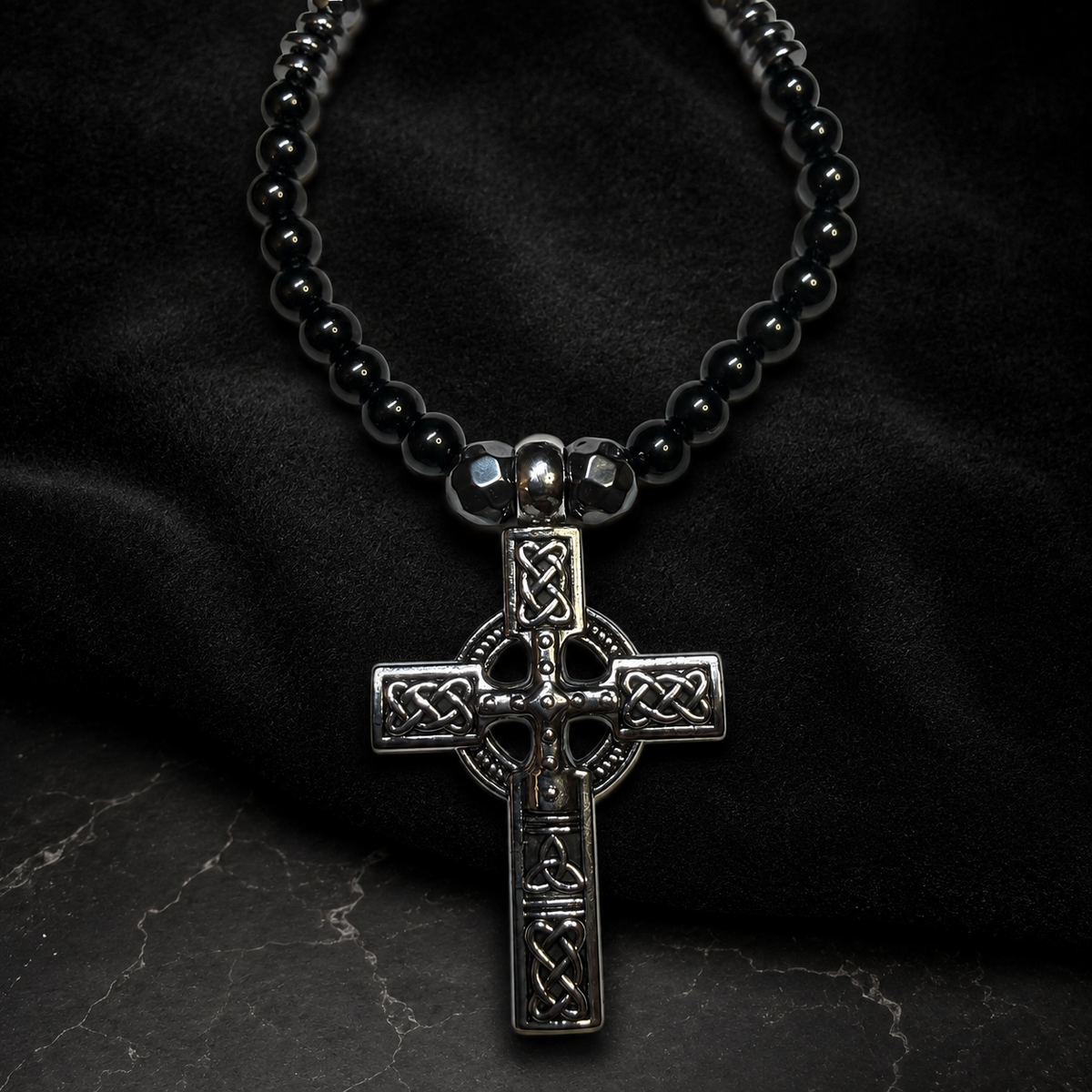Men’s Black Onyx & Hematite Celtic Cross Necklace – 6mm Natural Stone Beads – Stainless Steel Cross – Handmade – Custom Size