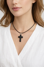 Black Onyx Cross Leather Necklace