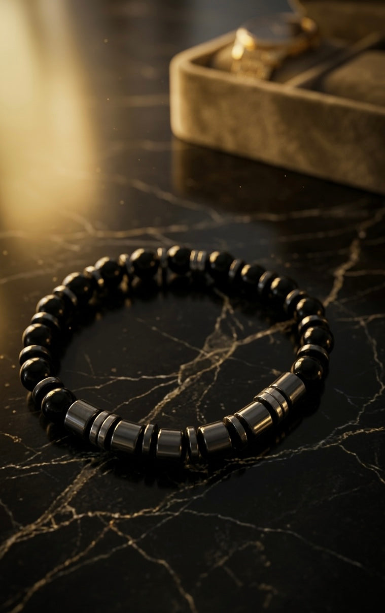 Men’s Black Onyx & Hematite Bracelet – 19 cm