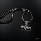 Thor Hammer Necklace – Onyx, Hematite & Stainless Steel, 26 Inch, 8mm Beads