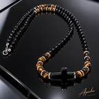 Men’s Black Onyx & Tiger Eye Cross Necklace – 22 Inch – 6mm Natural Stone Beads