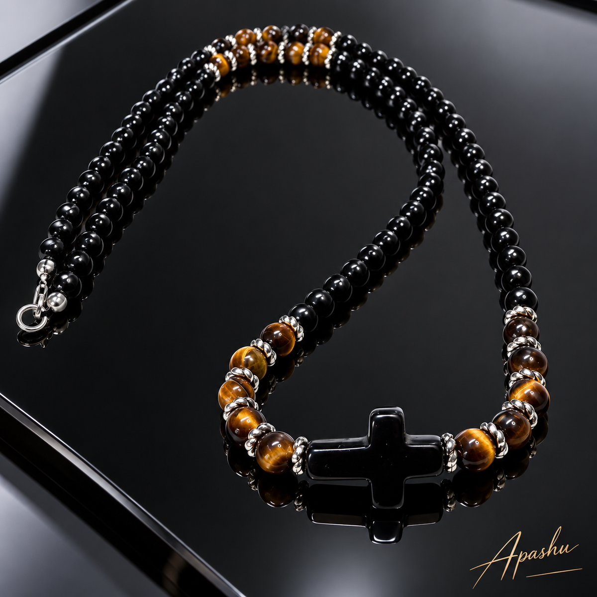Men’s Black Onyx & Tiger Eye Cross Necklace – 22 Inch – 6mm Natural Stone Beads