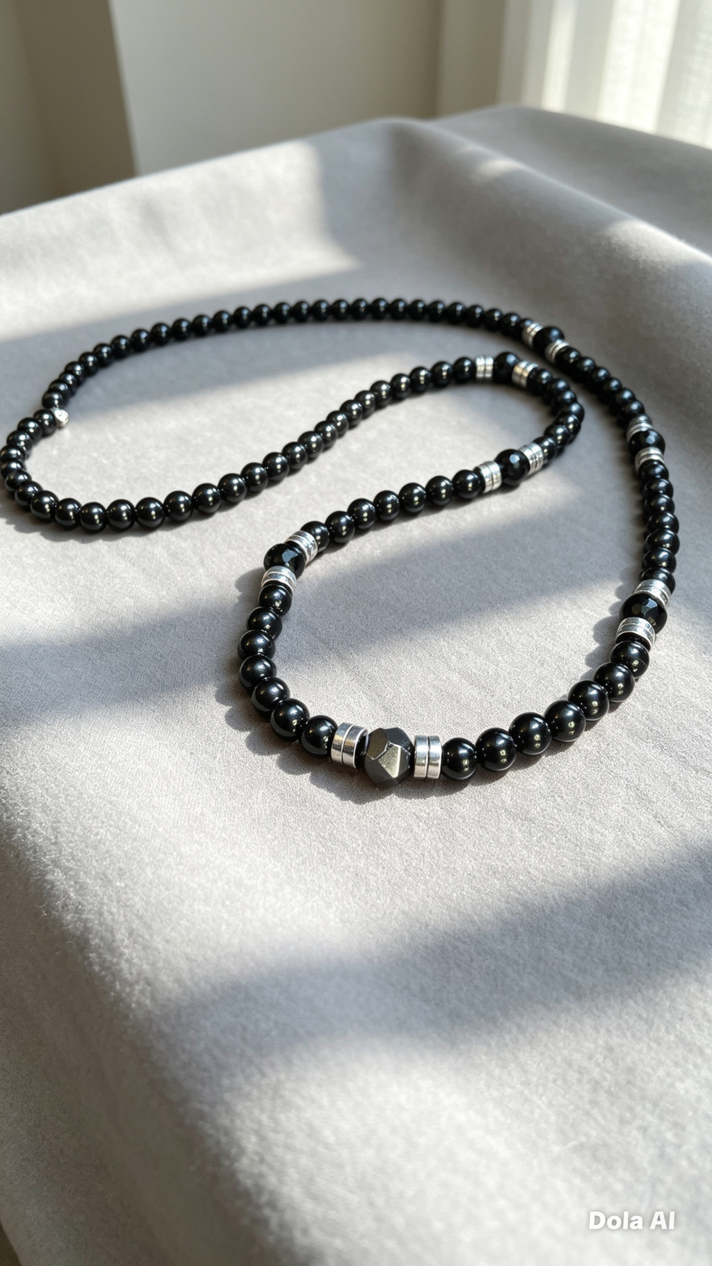 26 Inch Black Onyx Necklace for Men with Hematite Spacers – Handmade Luxury Natural Stone Beaded Necklace