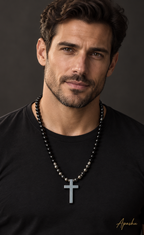 Black Cross Necklace – 26 inch/– 6mm Natural Stone Beads – Stainless Steel Clasp