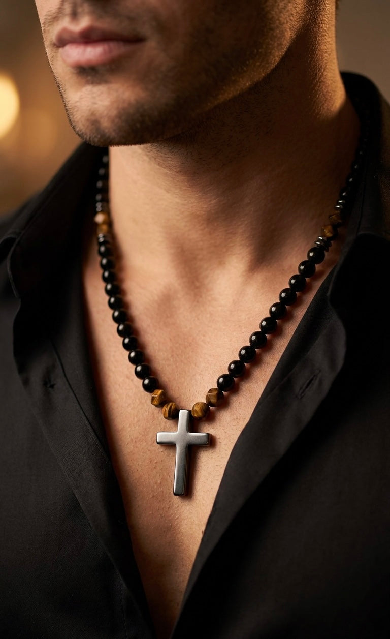 8mm Black Onyx Cross Necklace Men’s Beaded Tiger Eye Clasp Chain Gift