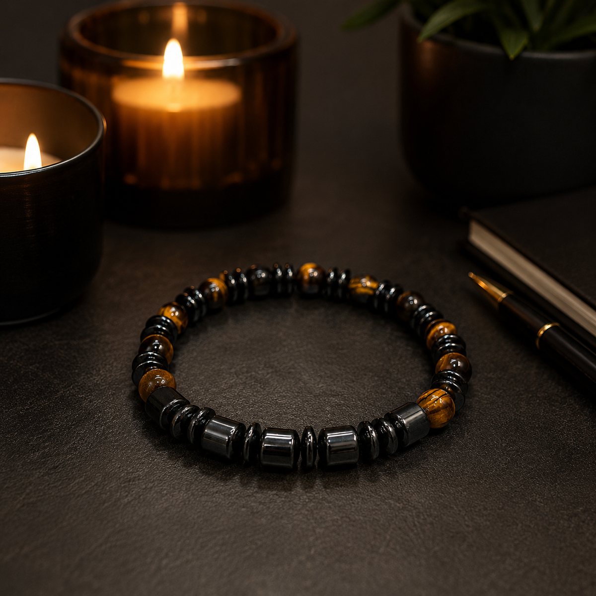Tiger Eye, Hematite, 8mm, Natural Stone, Beaded Bracelet, Unisex, Handmade, Custom Size.