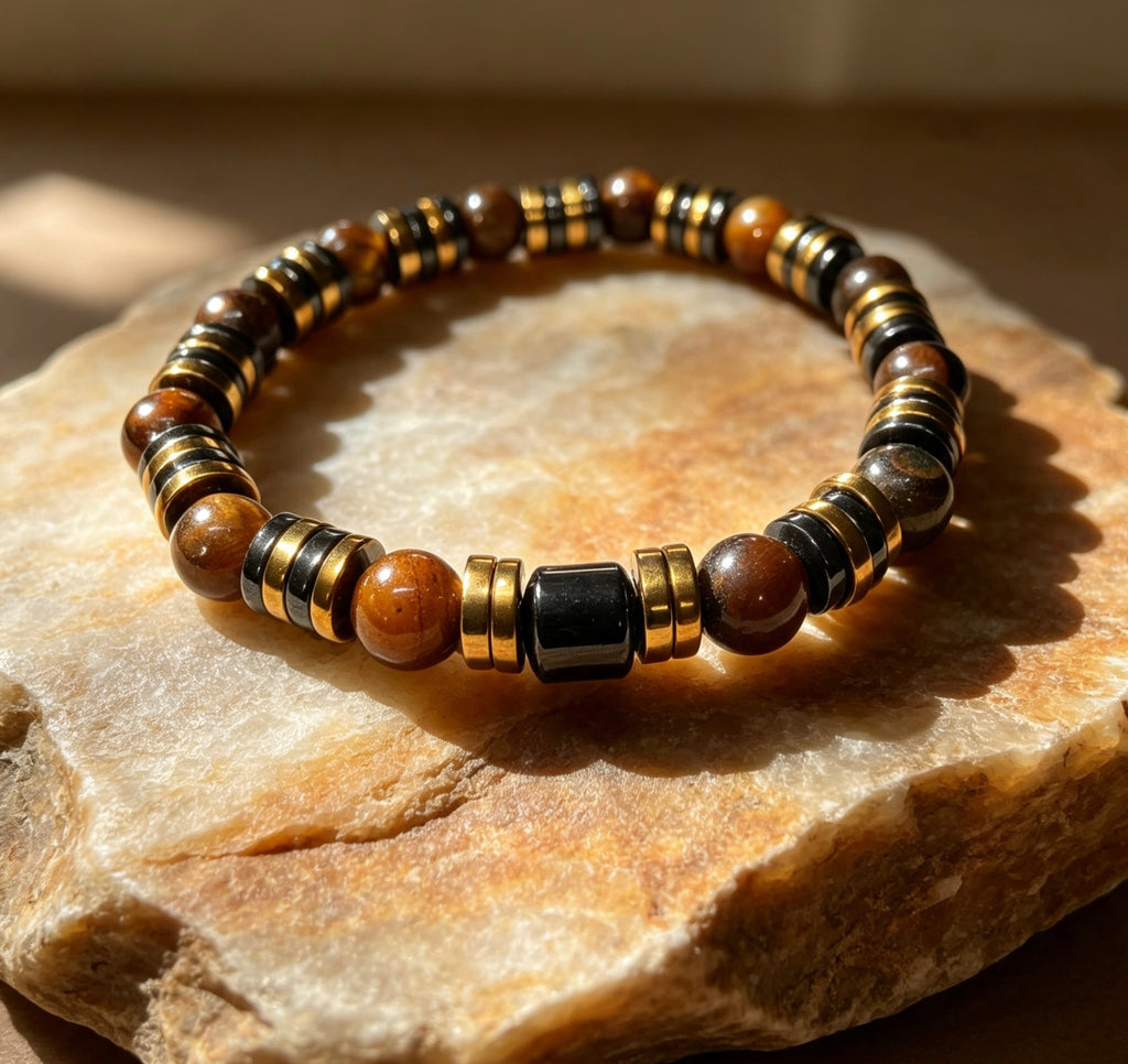 Luxury Tiger Eye & Hematite Men’s Bracelet – Gold & Gunmetal Statement Design
