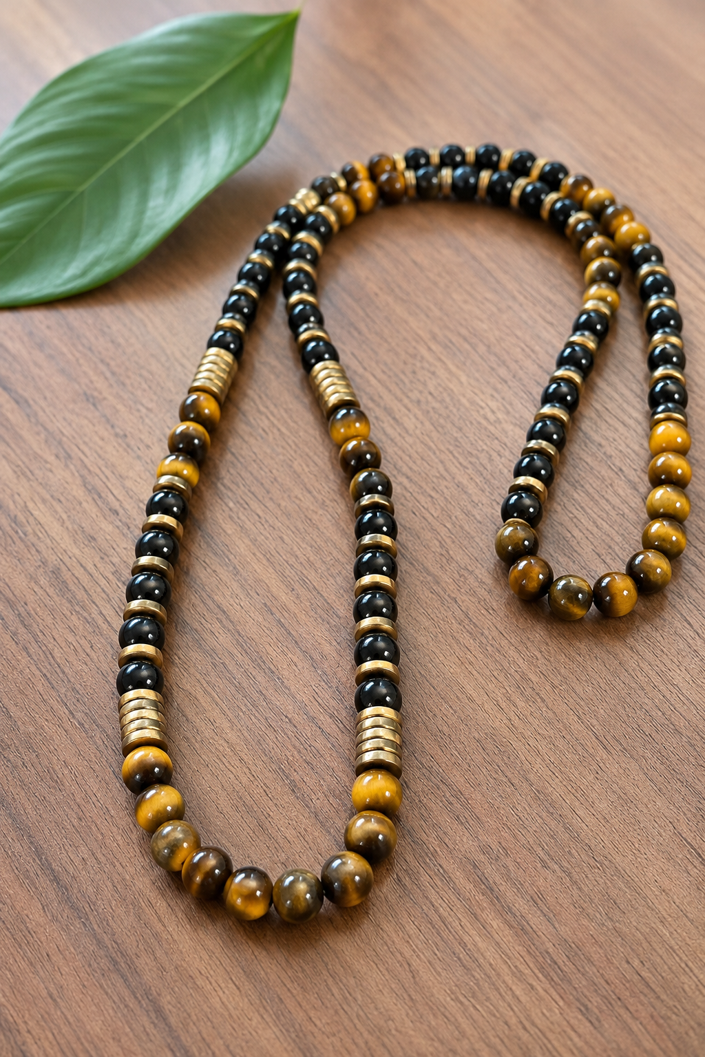 Men’s Tiger Eye & Black Onyx Beaded Necklace 26 Inch Slip On Natural Stone Gold Spacer Necklace Gift for Him