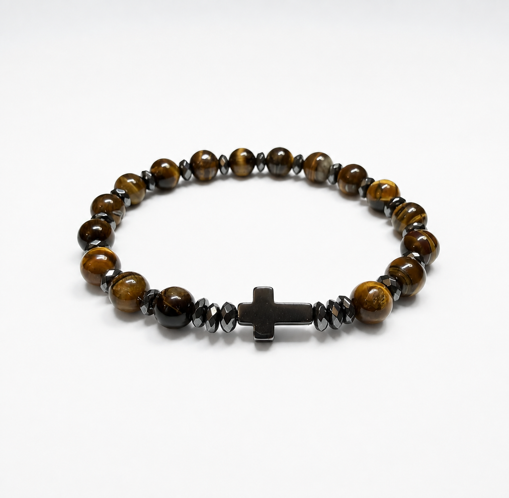 Natural Tiger Eye & Hematite Cross Bracelet – Handmade Luxury Stone Bracelet | Custom Size