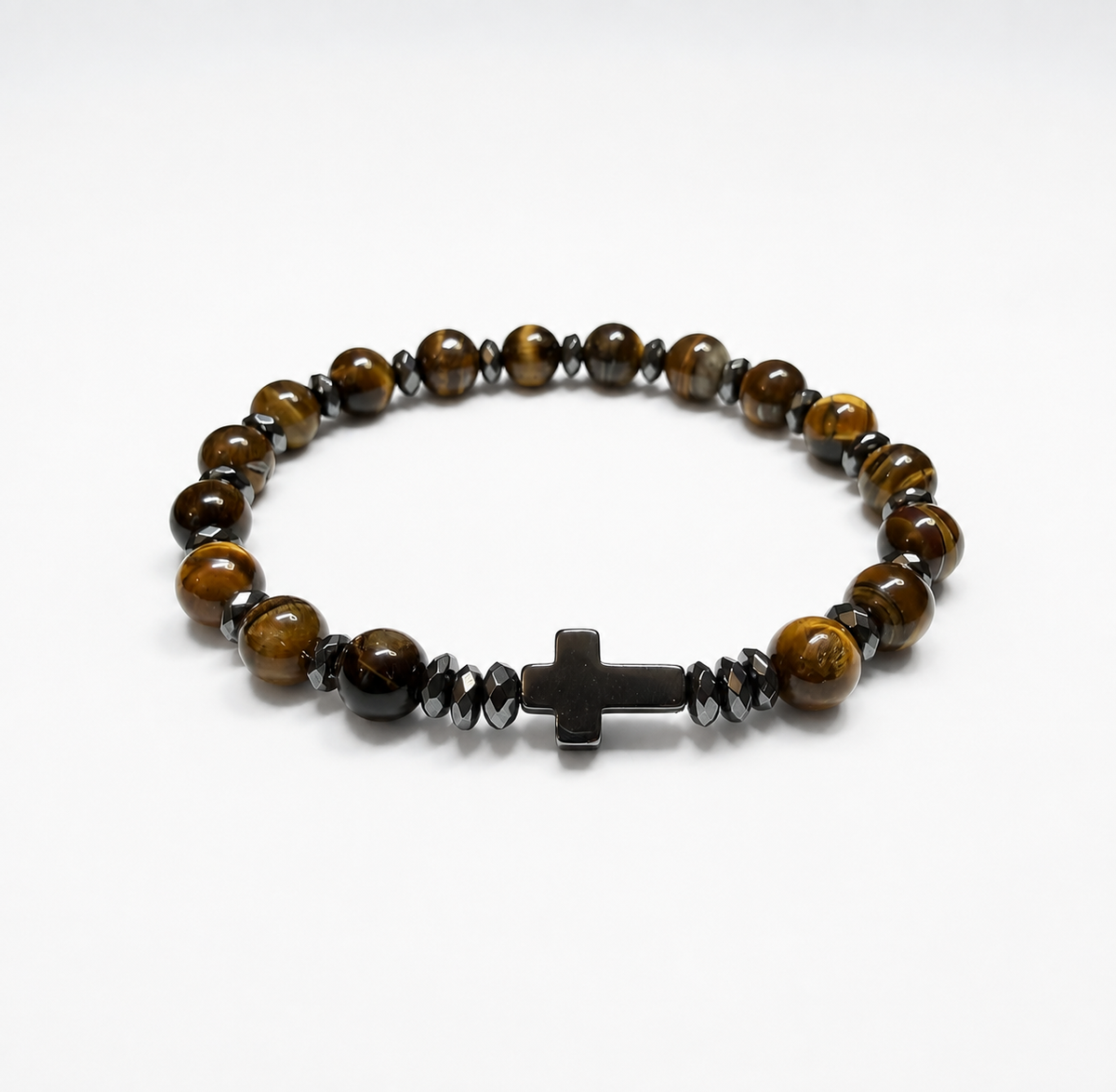 Natural Tiger Eye & Hematite Cross Bracelet – Handmade Luxury Stone Bracelet | Custom Size
