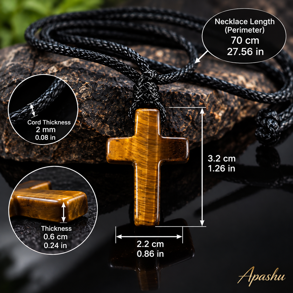 Natural Tiger Eye Cross Necklace for Men – 70cm Black Braided Cord, Christian Stone Pendant